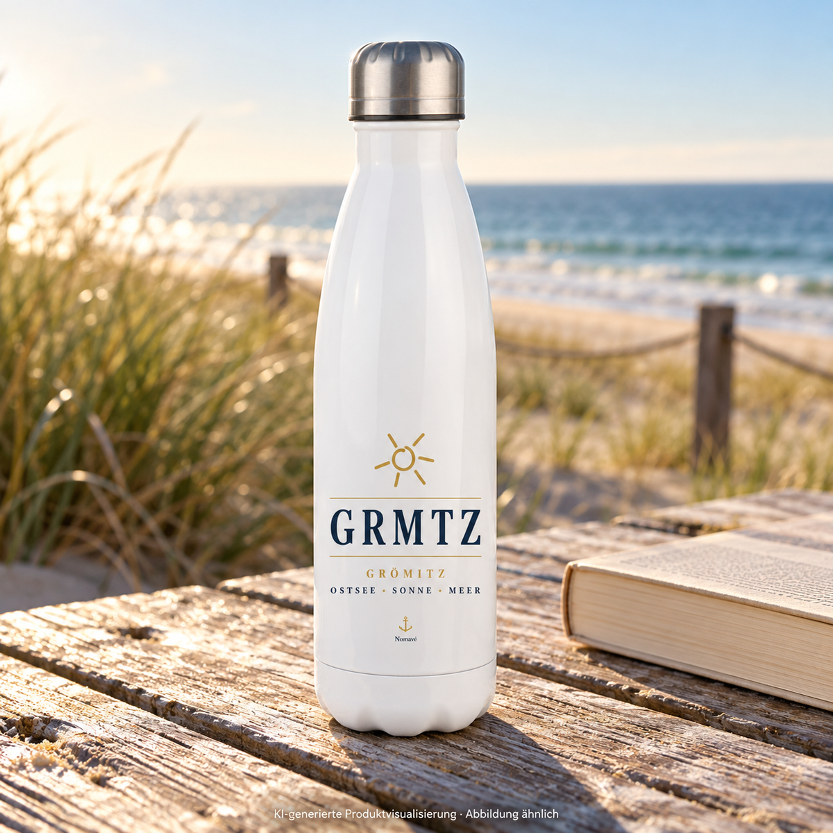 Weiße GRMTZ Grömitz Edelstahl-Thermoflasche mit 500 ml und silbernem Deckel auf einem Picknicktisch vor Ostseedünen; KI-Visualisierung.