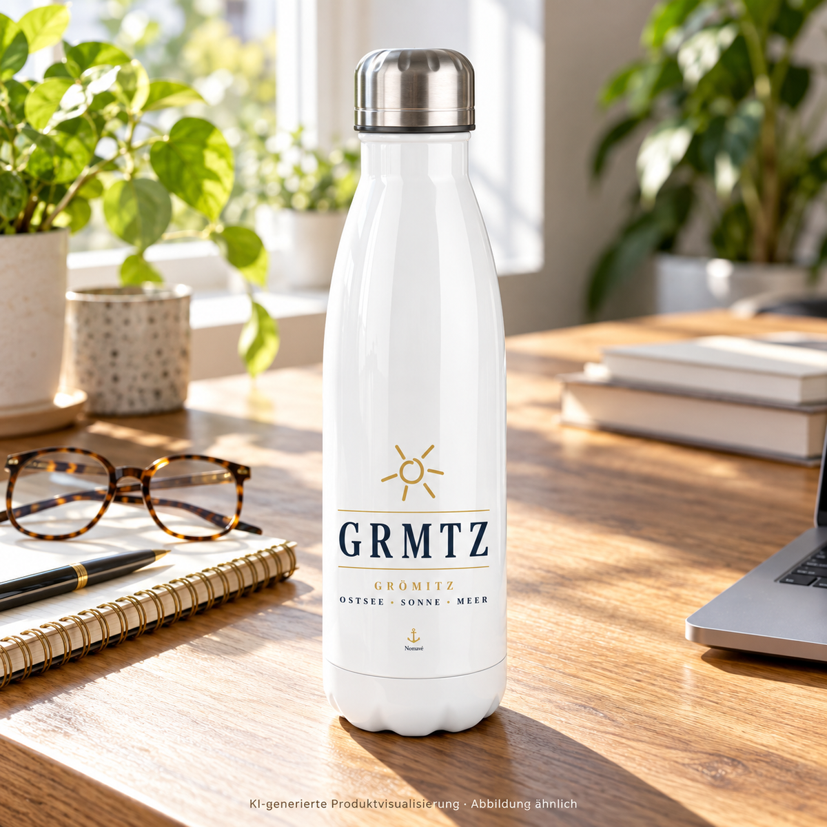 Weiße GRMTZ Grömitz Thermoflasche mit silbernem Schraubdeckel auf einem Schreibtisch am Fenster – maritimes Motiv; KI-Visualisierung.