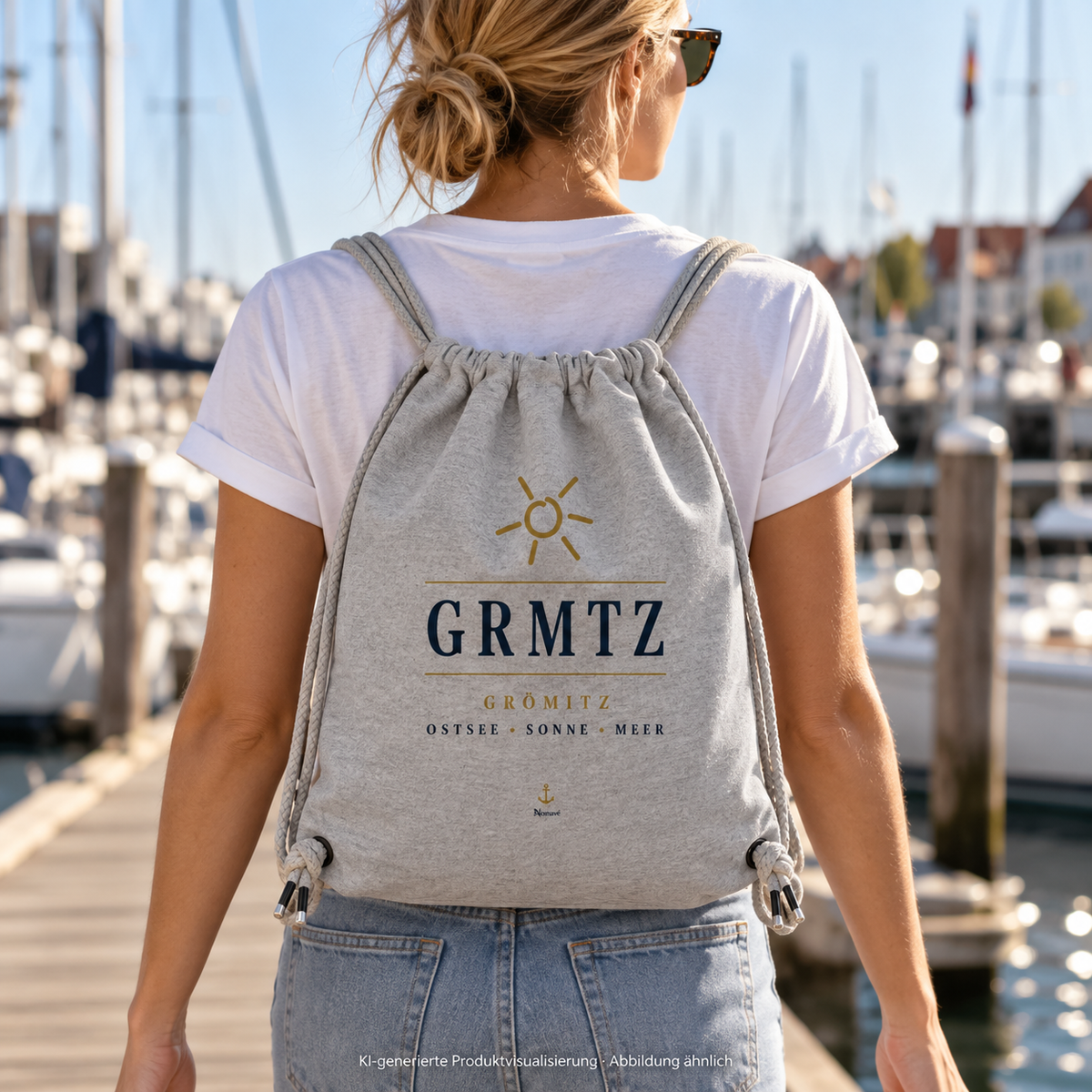 GRMTZ Grömitz Gym-Bag in Heather Grey am Rücken einer Frau im Hafen – Canvasbeutel mit maritimem Motiv und Kordelzug; KI-Visualisierung.