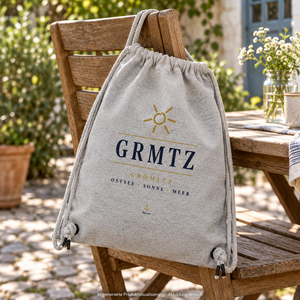 GRMTZ Grömitz Gym-Bag in Heather Grey an einem Holzstuhl im grünen Innenhof – Frontmotiv mit Sonne und Anker; KI-Visualisierung.
