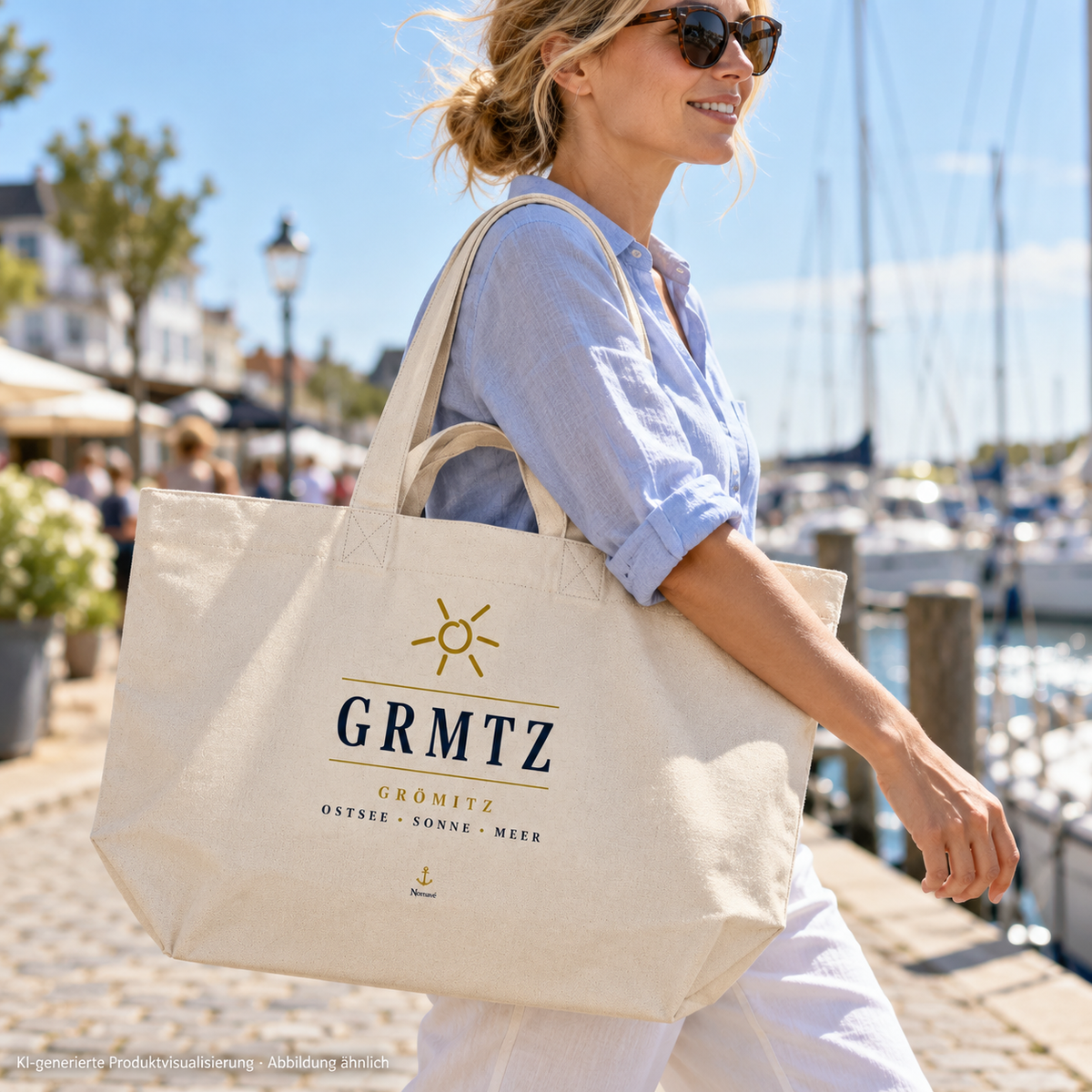 Frau trägt den GRMTZ Grömitz Shopper in Natural Raw an den langen Henkeln auf der Hafenpromenade – maritimer Frontdruck; KI-Visualisierung.