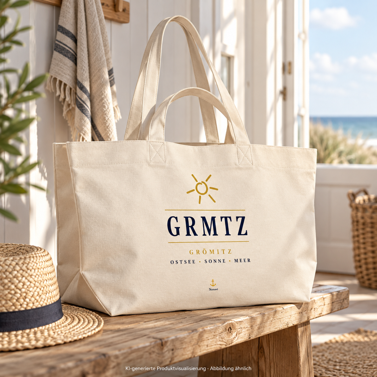 GRMTZ Grömitz Shopper in Natural Raw mit kurzen und langen Henkeln auf einer Holzbank im Eingangsbereich – Frontmotiv sichtbar; KI-Visualisierung.