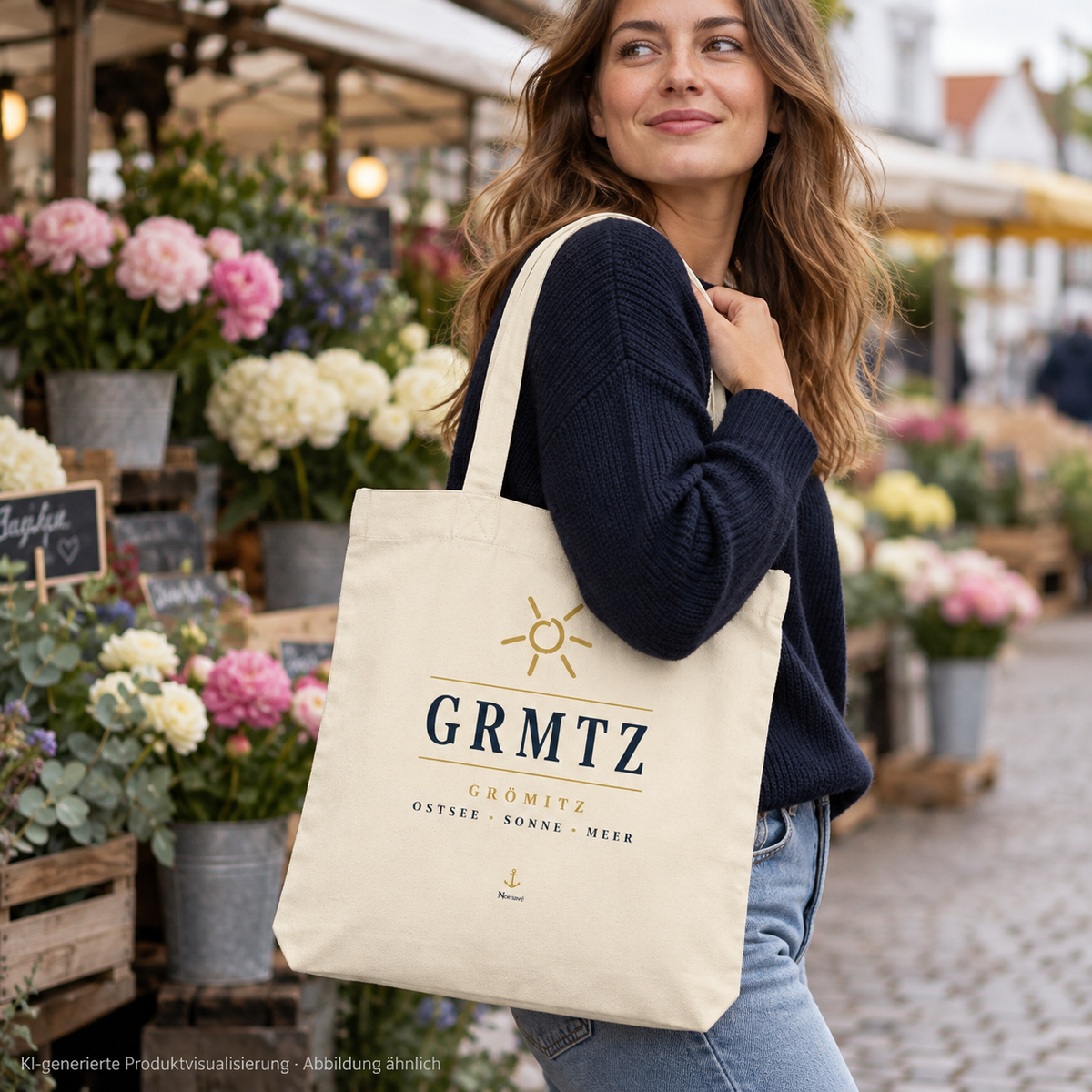 Frau mit GRMTZ Grömitz Tote-Bag in Natural am Blumenmarkt – rechteckige Einkaufstasche mit langen Henkeln und Frontmotiv; KI-Visualisierung.