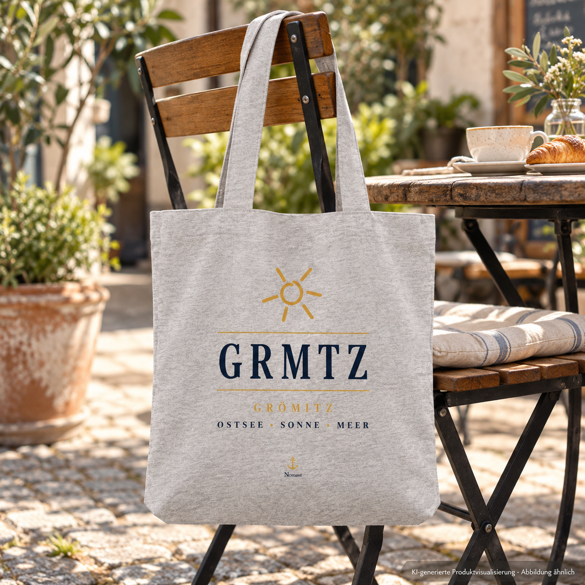 GRMTZ Grömitz Tote-Bag in Heather Grey an einem Holzstuhl im grünen Caféhof – maritimer Frontdruck; KI-Visualisierung.