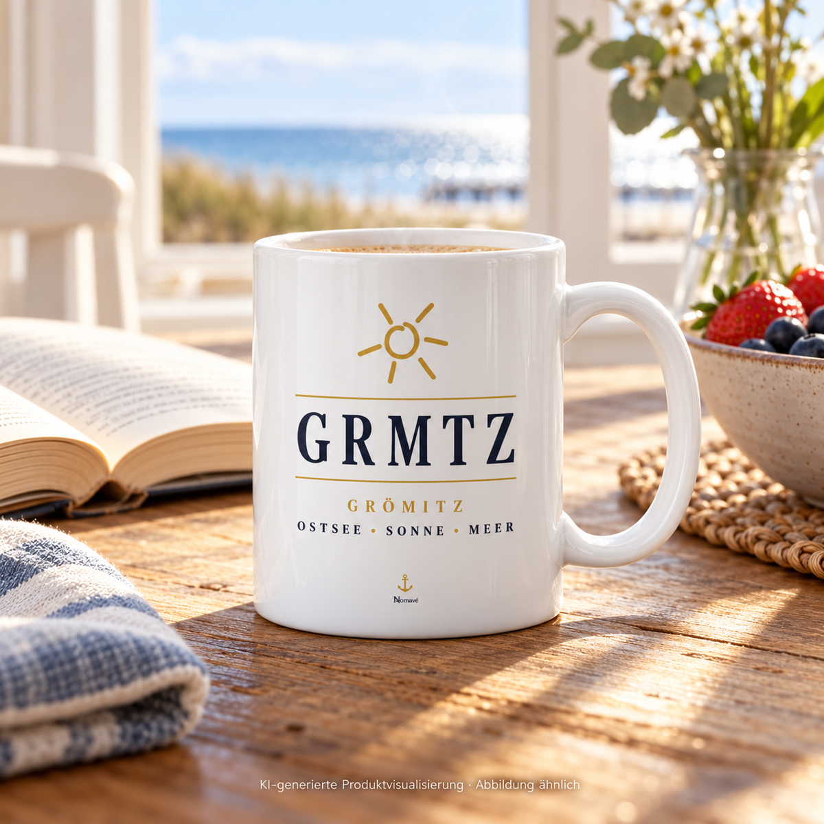 Weiße glänzende GRMTZ Grömitz Tasse mit 330 ml und C-Henkel auf dem Frühstückstisch am Fenster – Sonnenmotiv; KI-Visualisierung.