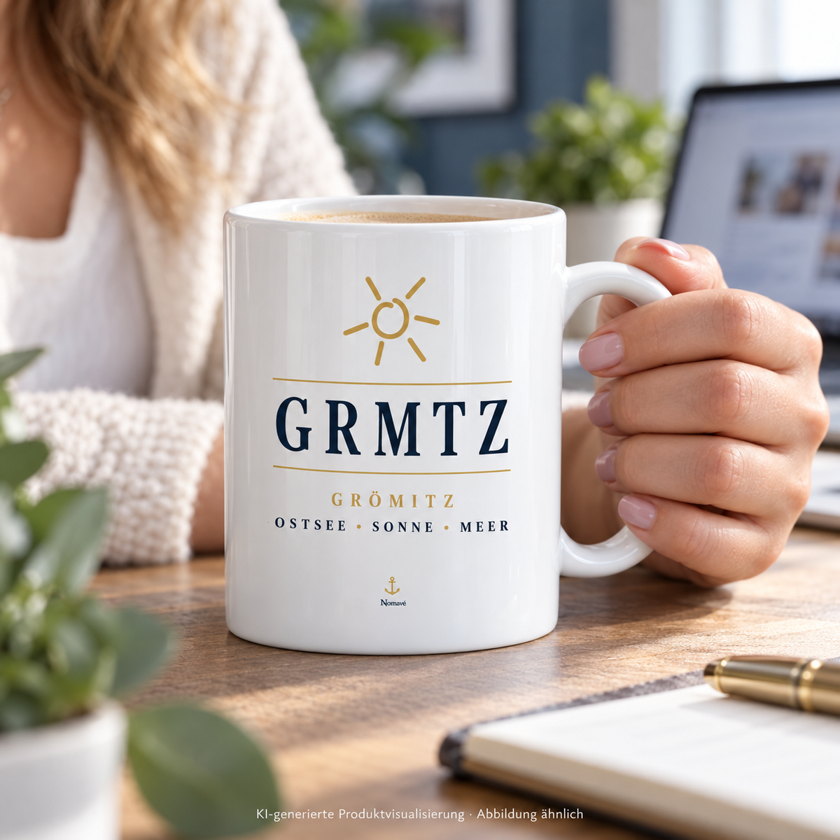 Hand hält die weiße GRMTZ Grömitz Tasse am Schreibtisch – maritimer Druck und C-Henkel sichtbar; KI-Visualisierung.