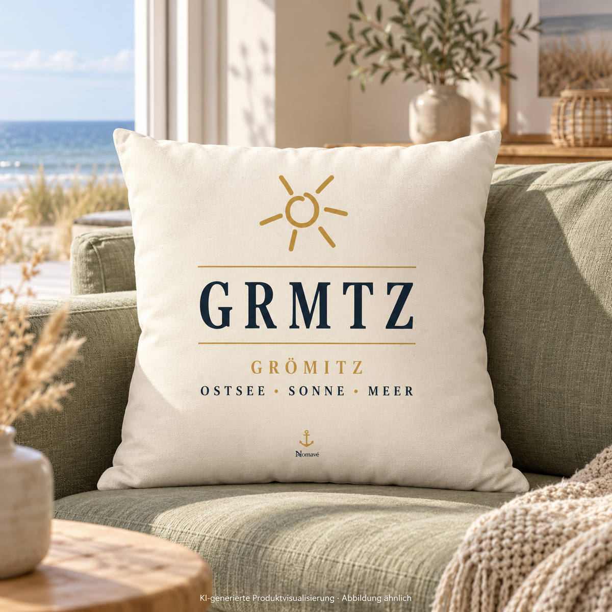 Naturfarbenes GRMTZ Grömitz Dekokissen 40 × 40 cm mit Füllung auf einem grünen Sofa – strukturierter Bezug mit Sonnenmotiv; KI-Visualisierung.