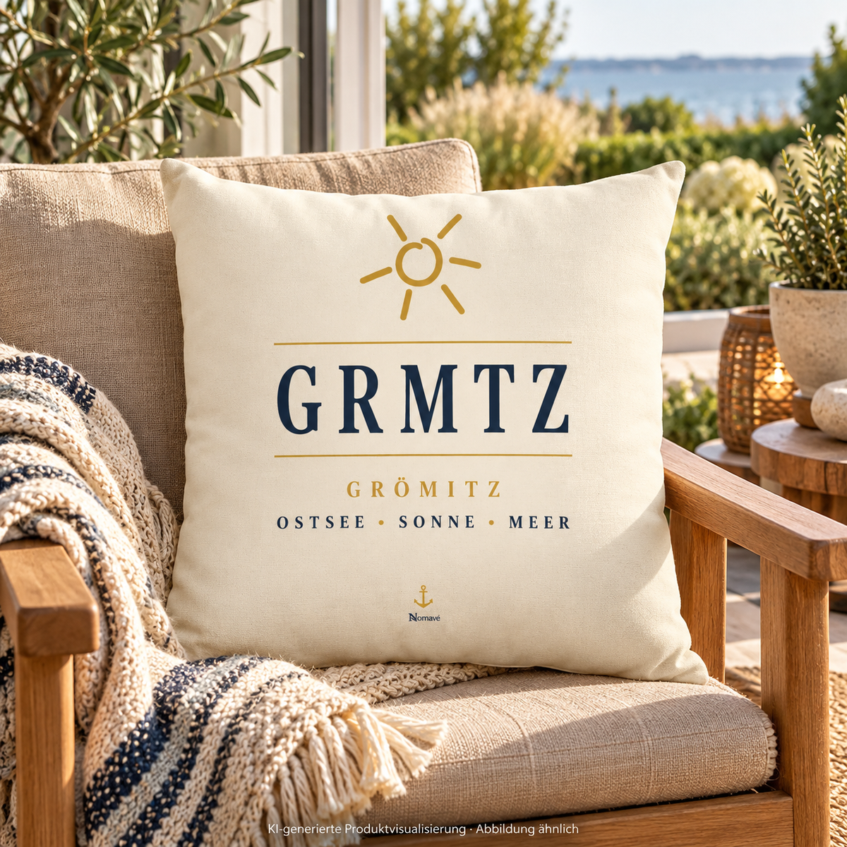 GRMTZ Grömitz Kissen in Natur auf einem Holzsessel im Wintergarten – maritimer Frontdruck und strukturierte Oberfläche; KI-Visualisierung.
