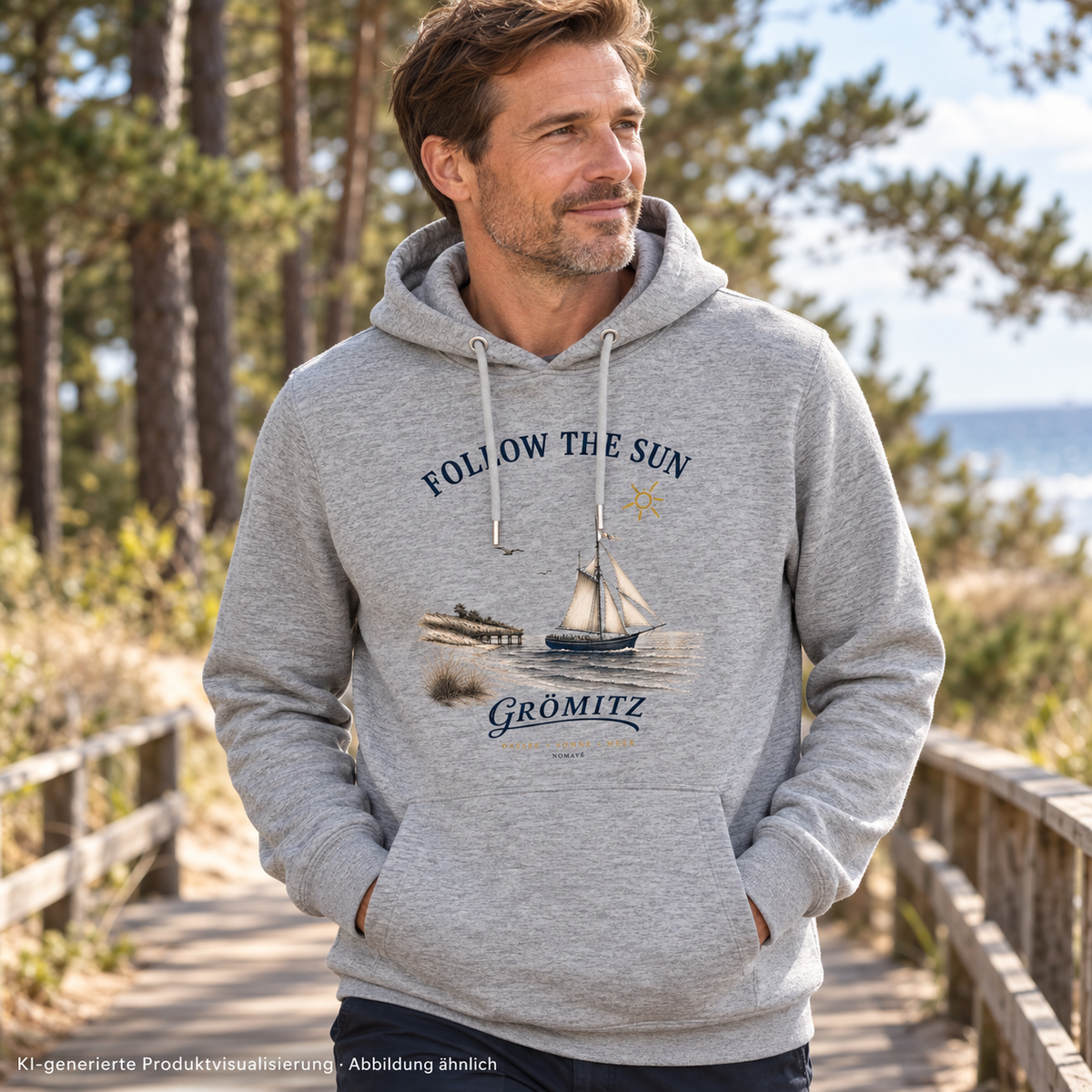 Grömitz Follow the Sun Unisex Bio-Hoodie in Heather Grey – Mann auf Waldsteg, Frontmotiv – KI-Produktvisualisierung