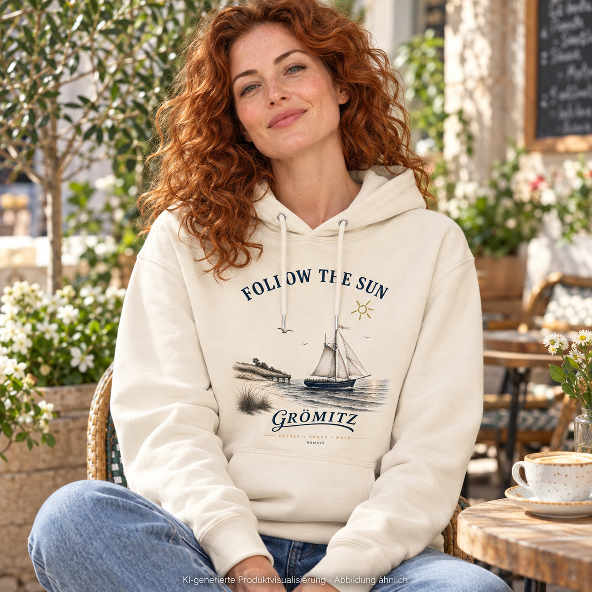 Grömitz Follow the Sun Unisex Bio-Hoodie in Natural Raw – Frau im Gartencafé, Frontmotiv – KI-Produktvisualisierung