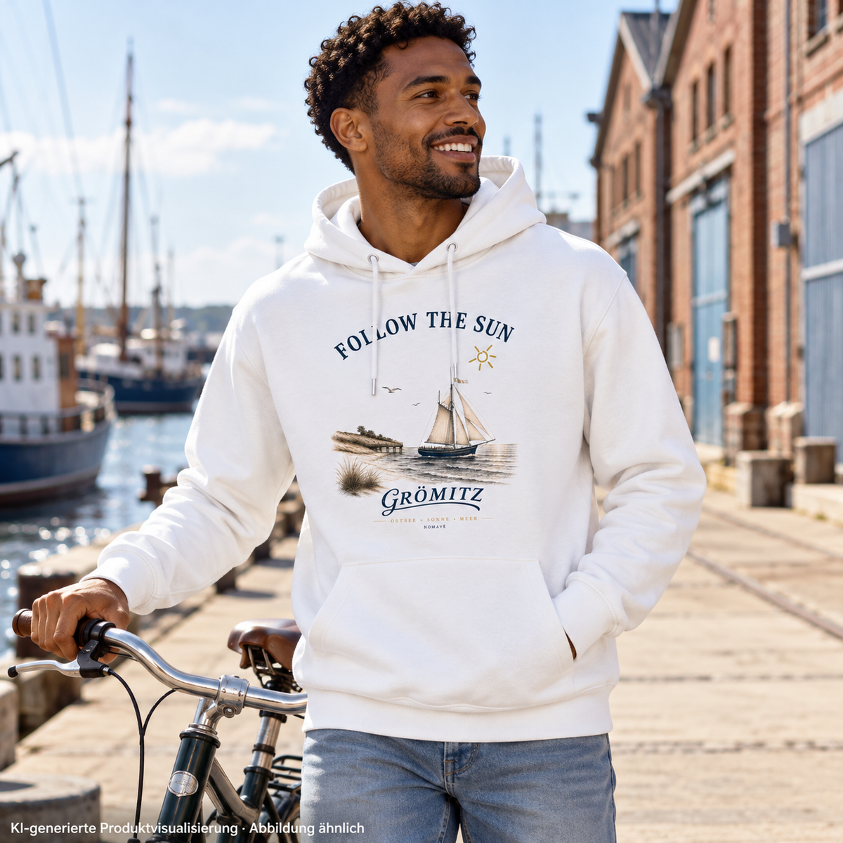 Grömitz Follow the Sun Unisex Bio-Hoodie in White – Mann mit Fahrrad am Hafen, Frontmotiv – KI-Produktvisualisierung
