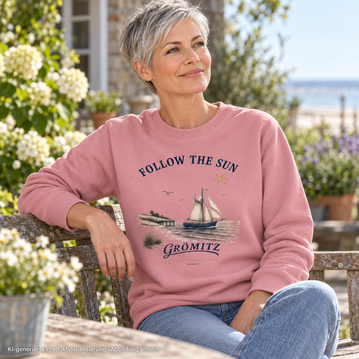 Grömitz Follow the Sun Unisex Bio-Sweatshirt in Canyon Pink – Frau auf Gartenbank, Frontmotiv – KI-Produktvisualisierung