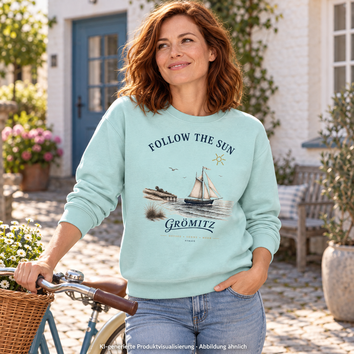 Grömitz Follow the Sun Unisex Bio-Sweatshirt in Caribbean Blue – Frau mit Fahrrad im Innenhof, Frontmotiv – KI-Produktvisualisierung