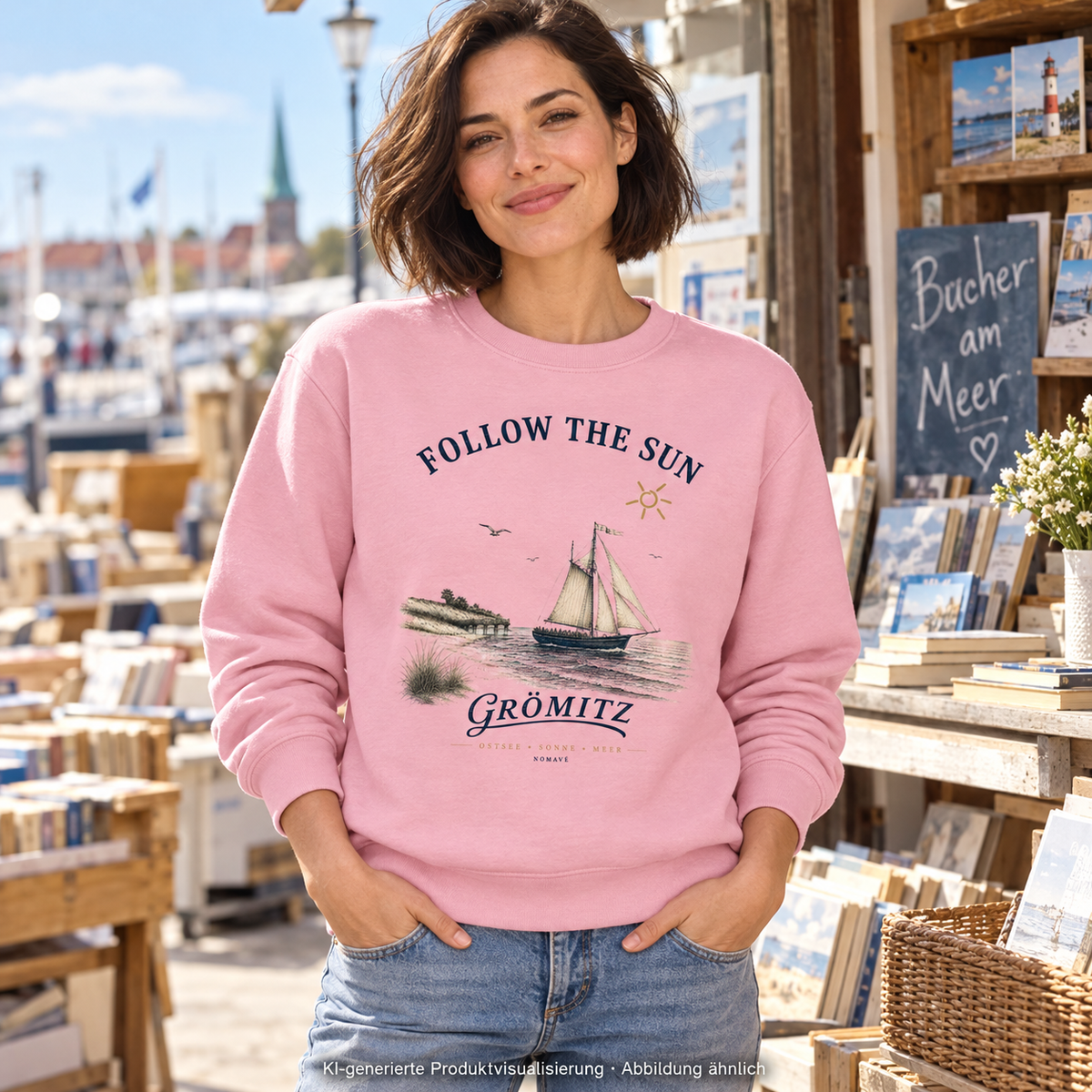 Grömitz Follow the Sun Unisex Bio-Sweatshirt in Cotton Pink – Frau am Bücherstand, Frontmotiv – KI-Produktvisualisierung