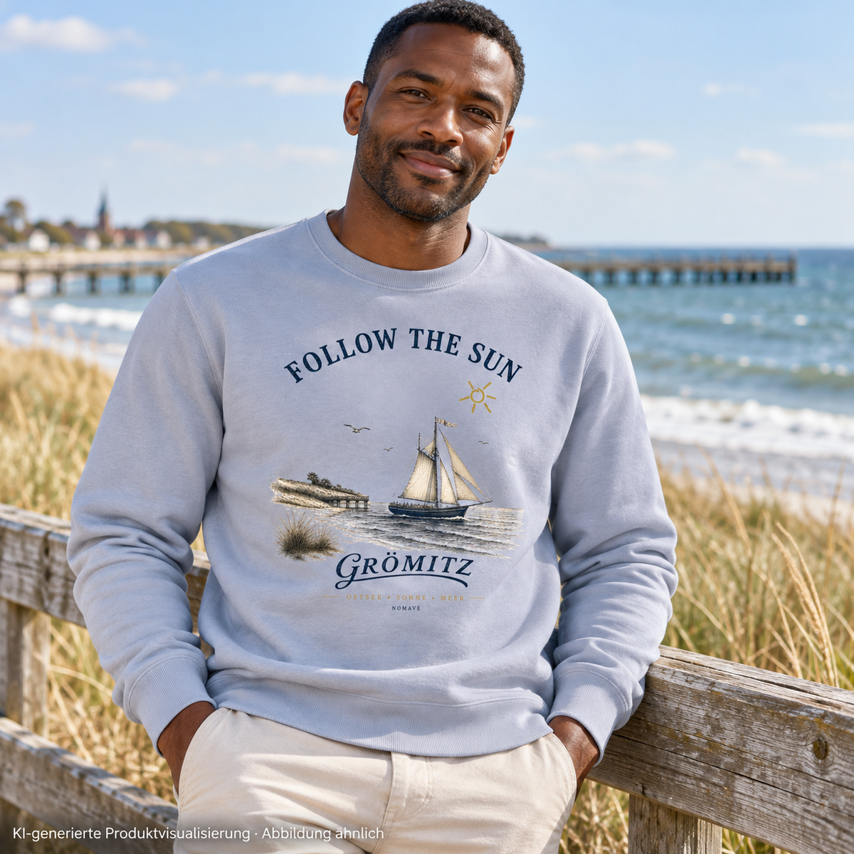 Grömitz Follow the Sun Unisex Bio-Sweatshirt in Serene Blue – Mann am Küstenzaun, Frontmotiv – KI-Produktvisualisierung