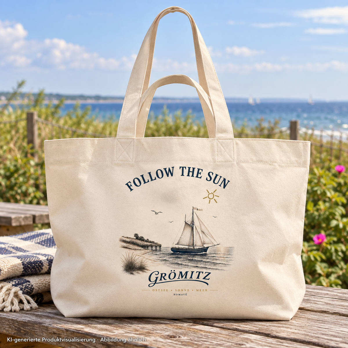 Grömitz Follow the Sun Shopper aus recycelter Baumwolle in Natural Raw – Shopping Bag auf Picknickbank, Frontmotiv – KI-Produktvisualisierung