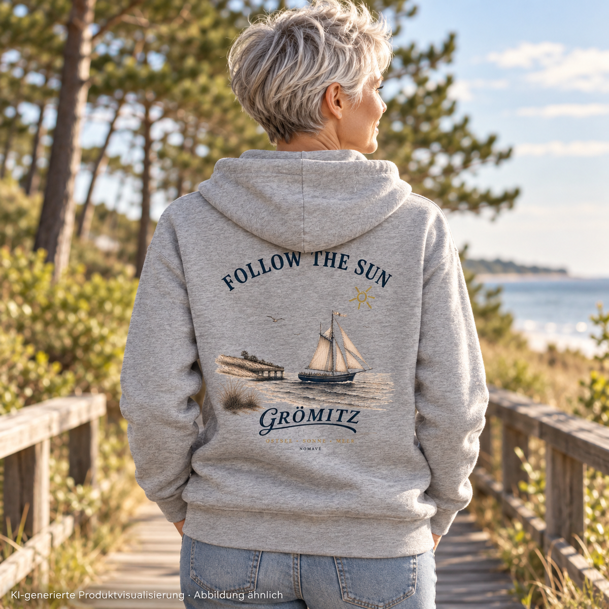 Grömitz Follow the Sun Bio-Zipper in Heather Grey – Frau auf Waldsteg, Rückenansicht, Rückendruck – KI-Produktvisualisierung
