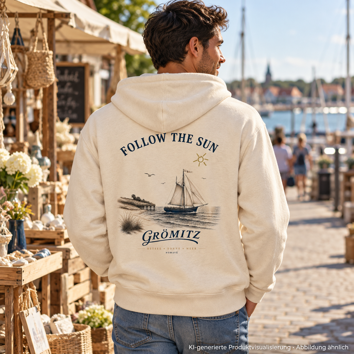 Grömitz Follow the Sun Bio-Zipper in Natural Raw – Mann am Wochenmarkt, Rückenansicht, Rückendruck – KI-Produktvisualisierung