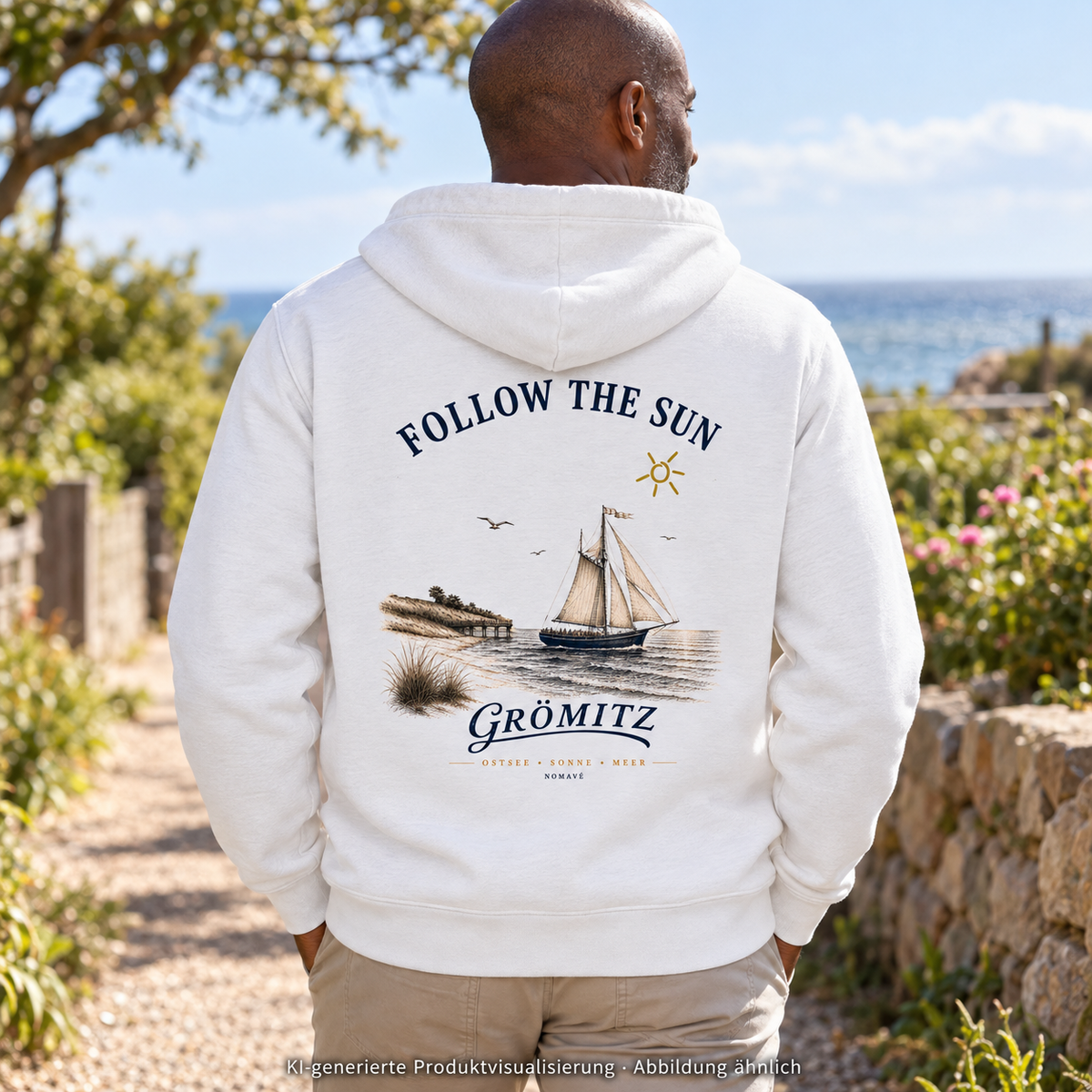 Grömitz Follow the Sun Bio-Zipper in White – Mann auf Gartenweg, Rückenansicht, Rückendruck – KI-Produktvisualisierung