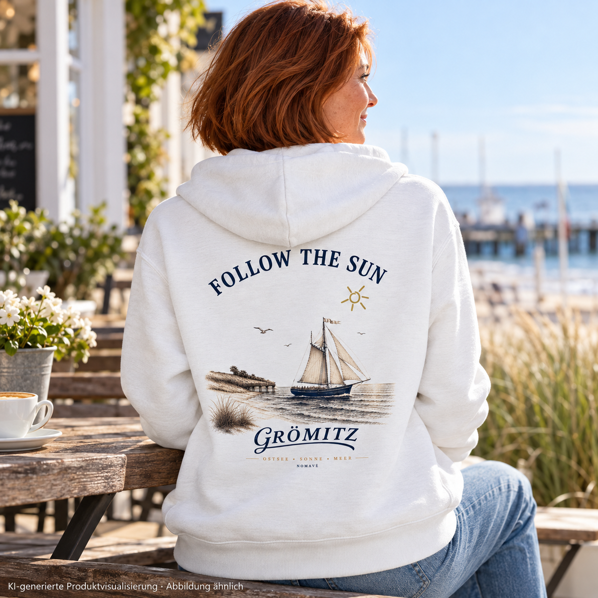 Grömitz Follow the Sun Bio-Zipper in White – Frau am Gartencafé, Rückenansicht, Rückendruck – KI-Produktvisualisierung