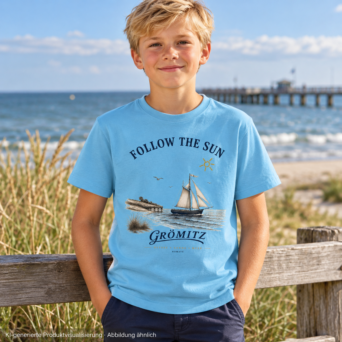 Grömitz Follow the Sun Kinder Bio-T-Shirt in Aqua Blue – Junge am Küstenzaun, Frontmotiv – KI-Produktvisualisierung