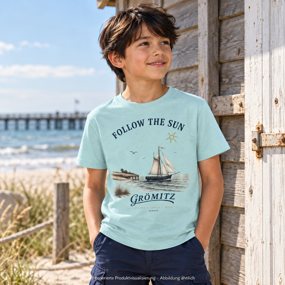 Grömitz Follow the Sun Kinder Bio-T-Shirt in Caribbean Blue – Junge an Strandhütte, Frontmotiv – KI-Produktvisualisierung