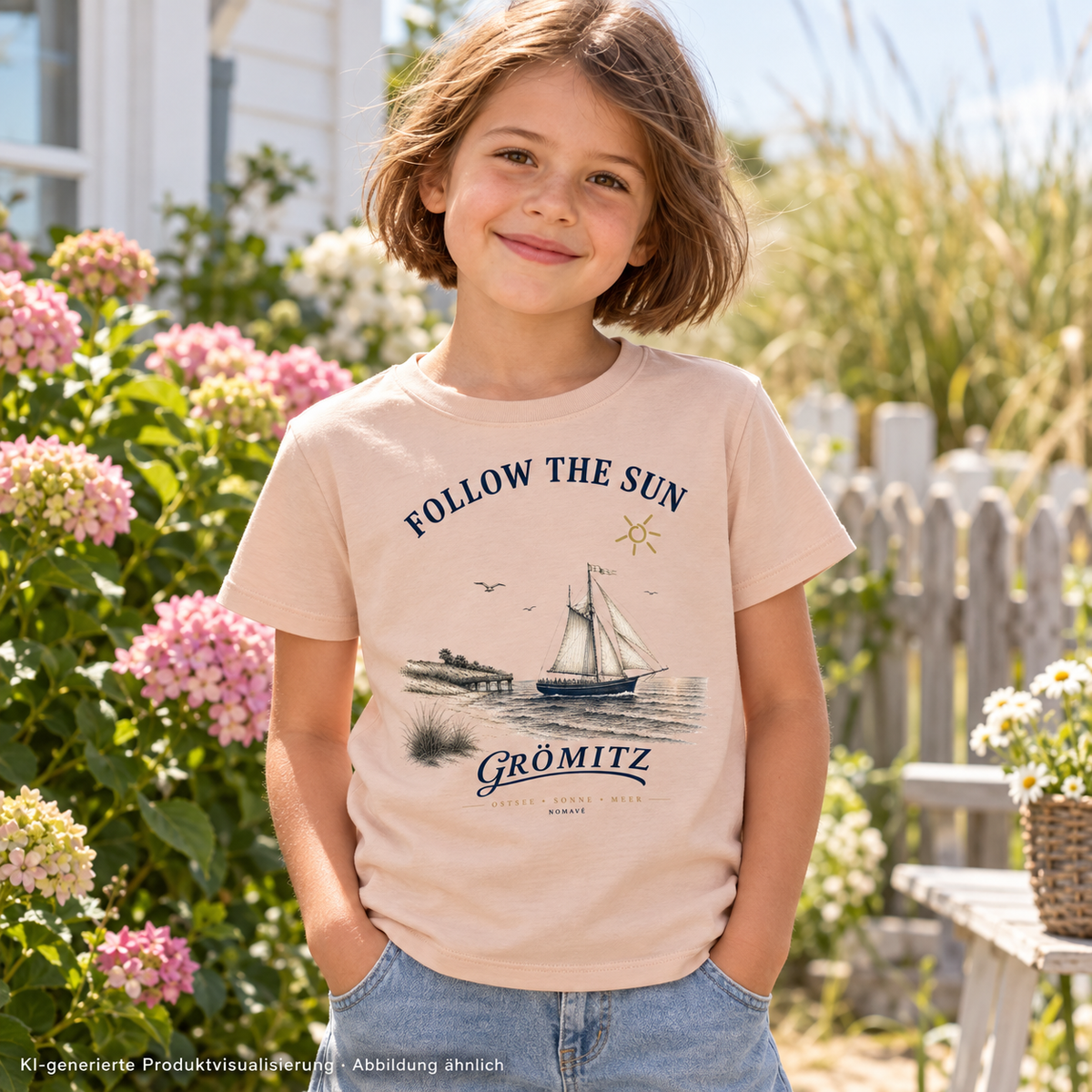 Grömitz Follow the Sun Kinder Bio-T-Shirt in Fraiche Peche – Mädchen im Blumengarten, Frontmotiv – KI-Produktvisualisierung