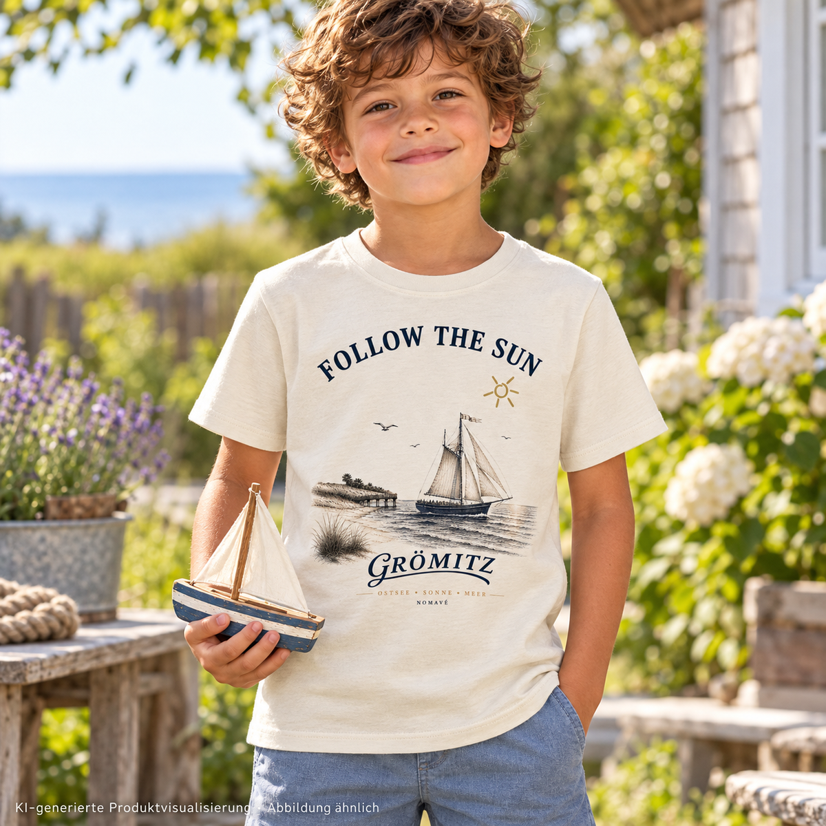 Grömitz Follow the Sun Kinder Bio-T-Shirt in Natural Raw – Junge mit Holzsegelboot im Garten, Frontmotiv – KI-Produktvisualisierung