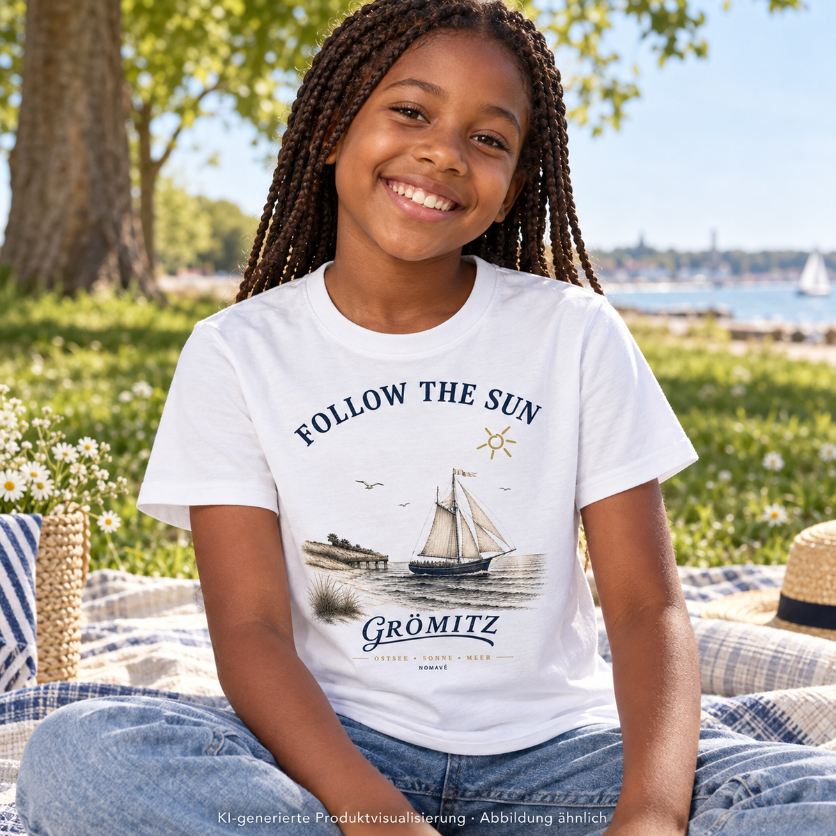 Grömitz Follow the Sun Kinder Bio-T-Shirt in White – Mädchen beim Picknick, Frontmotiv – KI-Produktvisualisierung