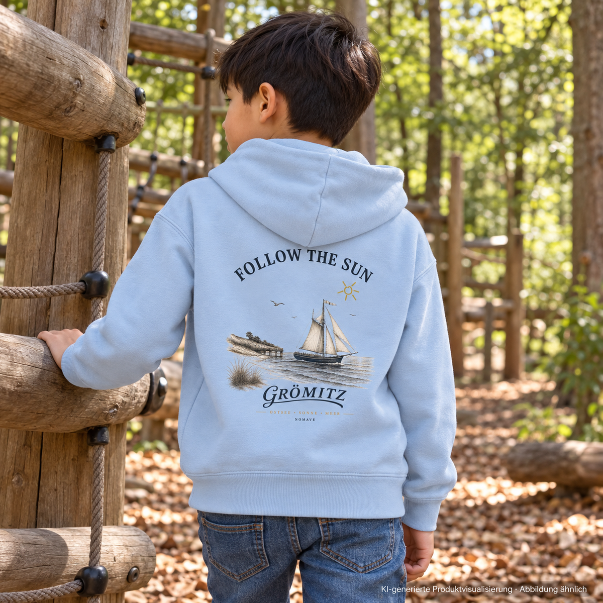 Grömitz Follow the Sun Kinder Bio-Hoodie in Blue Soul – Junge am Waldspielplatz, Rückenansicht, Rückendruck – KI-Produktvisualisierung