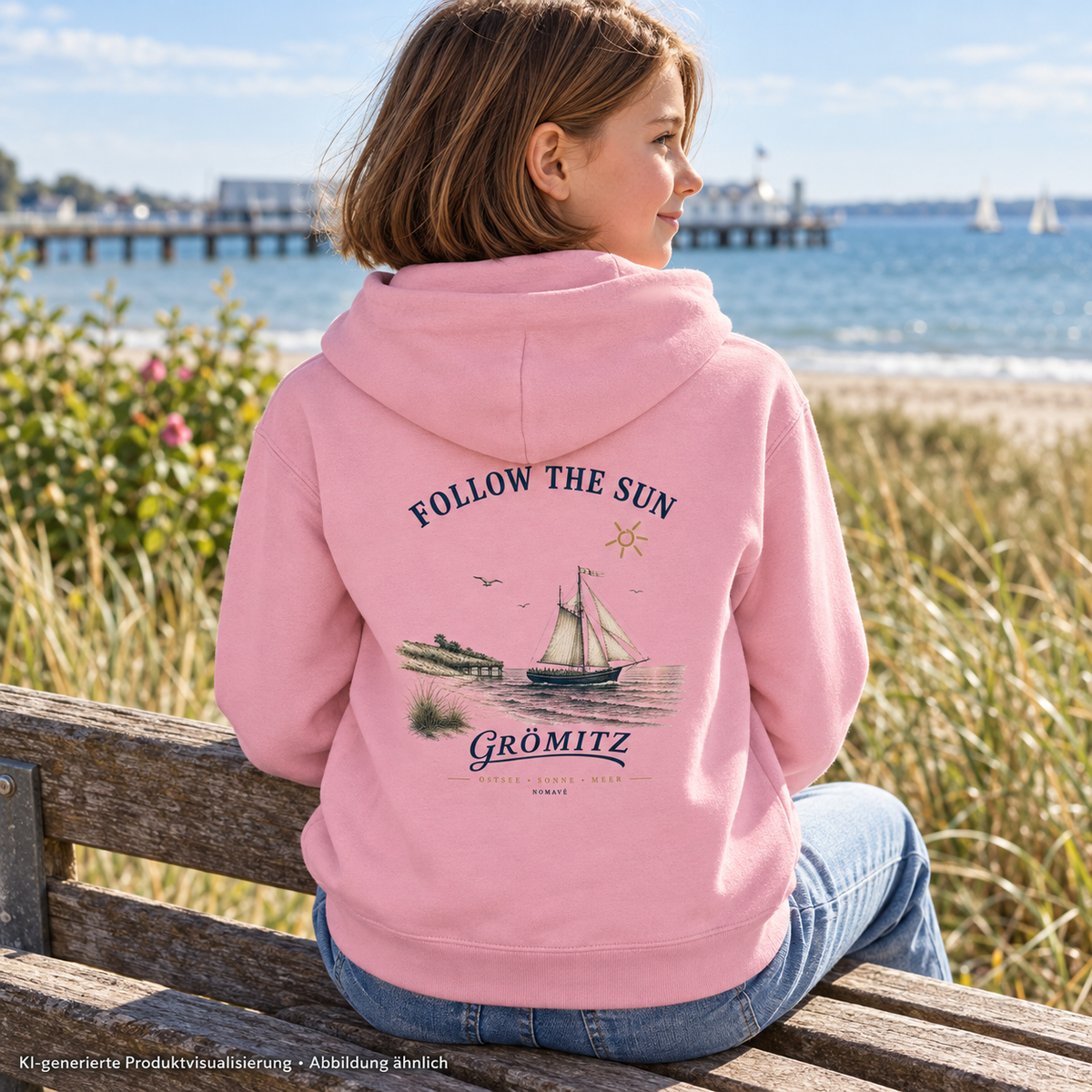 Grömitz Follow the Sun Kinder Bio-Hoodie in Cotton Pink – Mädchen auf Holzbank an der Küste, Rückenansicht, Rückendruck – KI-Produktvisualisierung