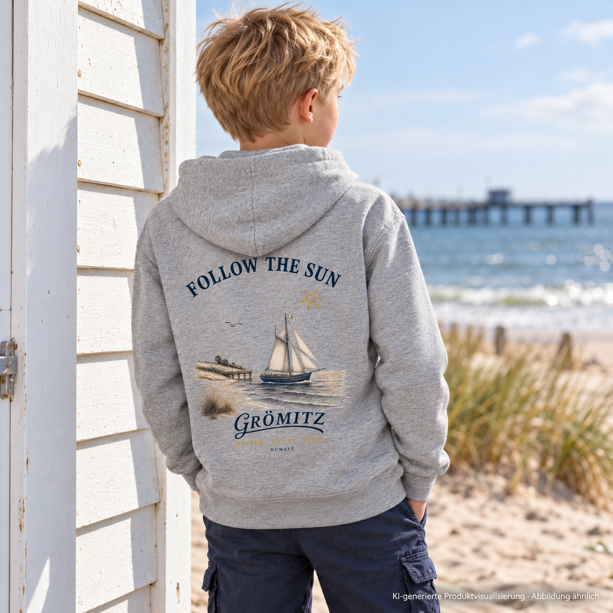 Grömitz Follow the Sun Kinder Bio-Hoodie in Heather Grey – Junge an Strandhütte, Rückenansicht, Rückendruck – KI-Produktvisualisierung