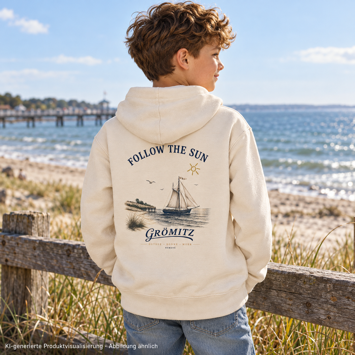 Grömitz Follow the Sun Kinder Bio-Hoodie in Natural Raw – Junge am Küstenzaun, Rückenansicht, Rückendruck – KI-Produktvisualisierung