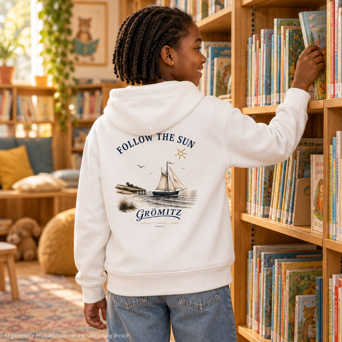 Grömitz Follow the Sun Kinder Bio-Hoodie in White – Mädchen in Kinderbibliothek, Rückenansicht, Rückendruck – KI-Produktvisualisierung