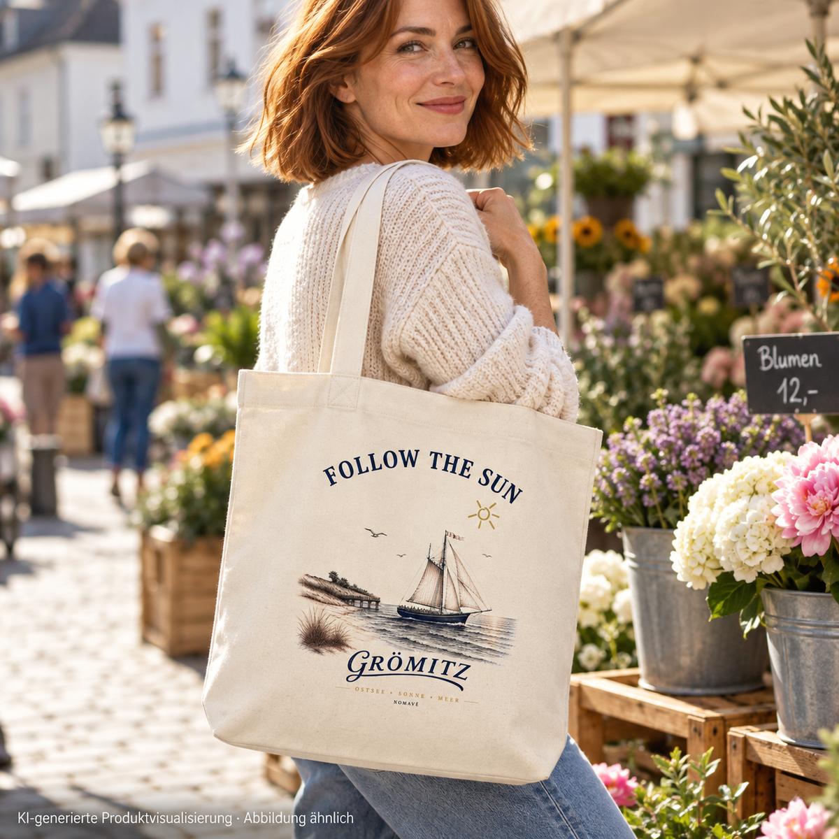 Grömitz Follow the Sun Einkaufstasche in Natural – Frau mit Einkaufstasche am Blumenmarkt – KI-Produktvisualisierung