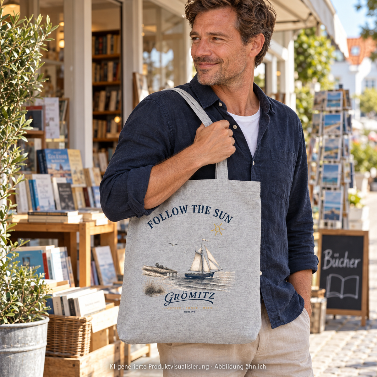 Grömitz Follow the Sun Einkaufstasche in Heather Grey – Mann mit Einkaufstasche vor Bücherladen – KI-Produktvisualisierung