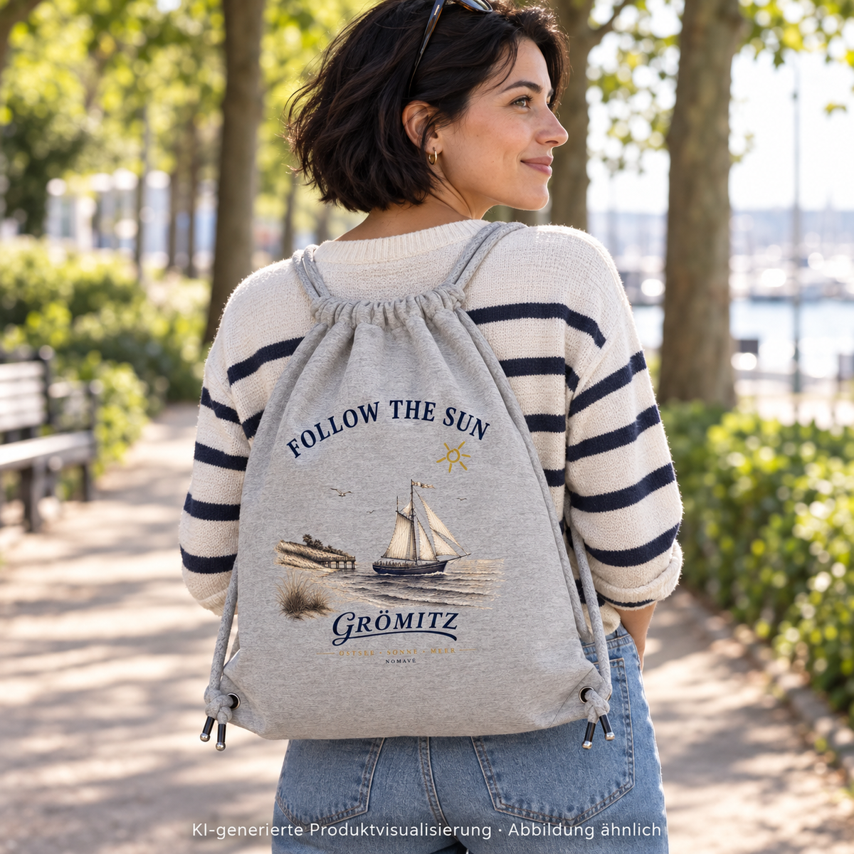 Grömitz Follow the Sun Gym-Bag / Turnbeutel in Heather Grey – Frau mit Gym-Bag im Stadtpark – KI-Produktvisualisierung