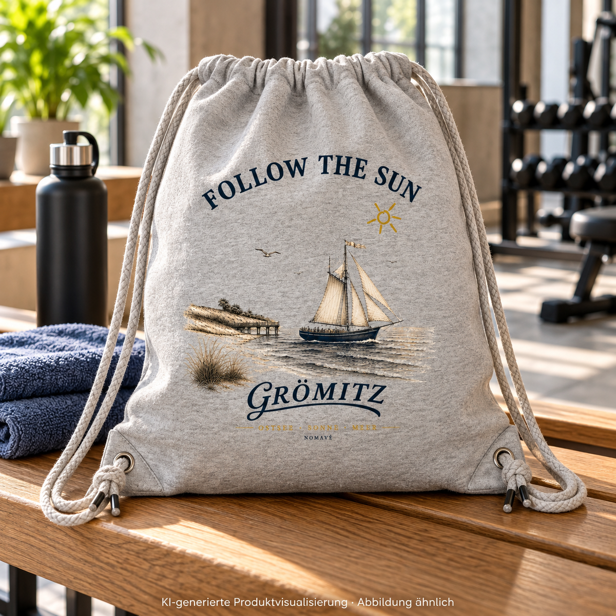 Grömitz Follow the Sun Gym-Bag / Turnbeutel in Heather Grey – Turnbeutel auf Holzbank im Fitnessbereich – KI-Produktvisualisierung