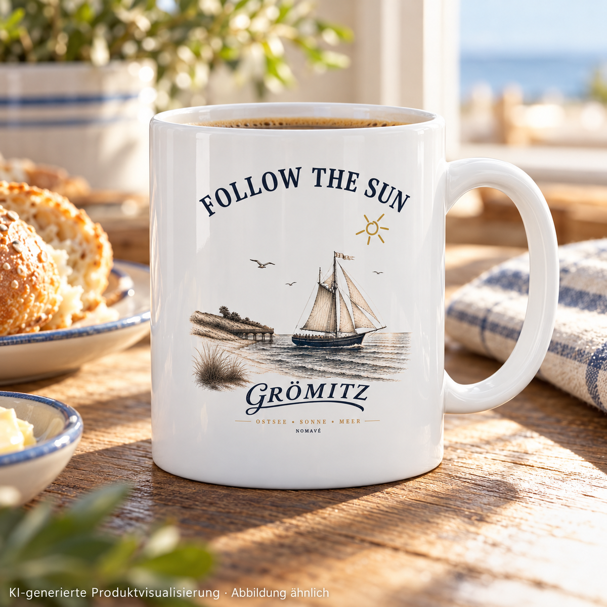 Grömitz Follow the Sun Glänzende Tasse 330 ml in White glossy – Glänzende Tasse auf Frühstückstisch – KI-Produktvisualisierung