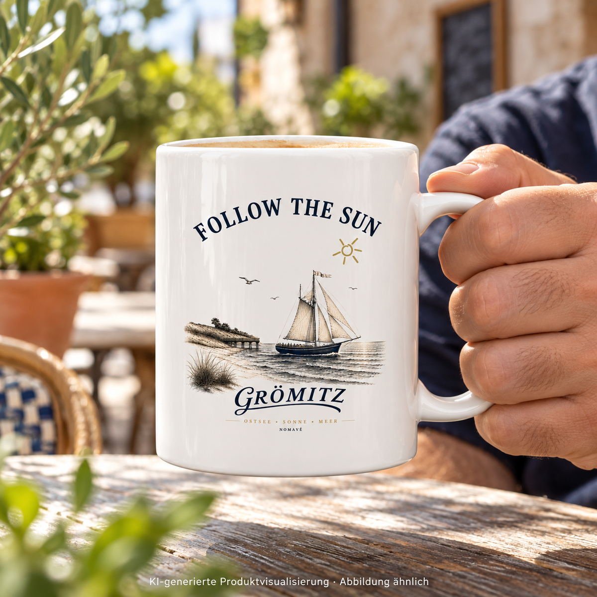 Grömitz Follow the Sun Glänzende Tasse 330 ml in White glossy – Tasse in der Hand im Hofcafé – KI-Produktvisualisierung