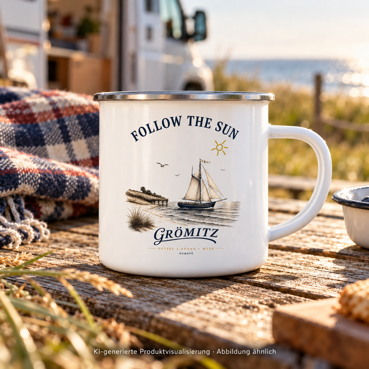 Grömitz Follow the Sun Emaille-Tasse 300 ml in White glossy / Silberrand – Emaille-Tasse auf Camping-Picknicktisch – KI-Produktvisualisierung