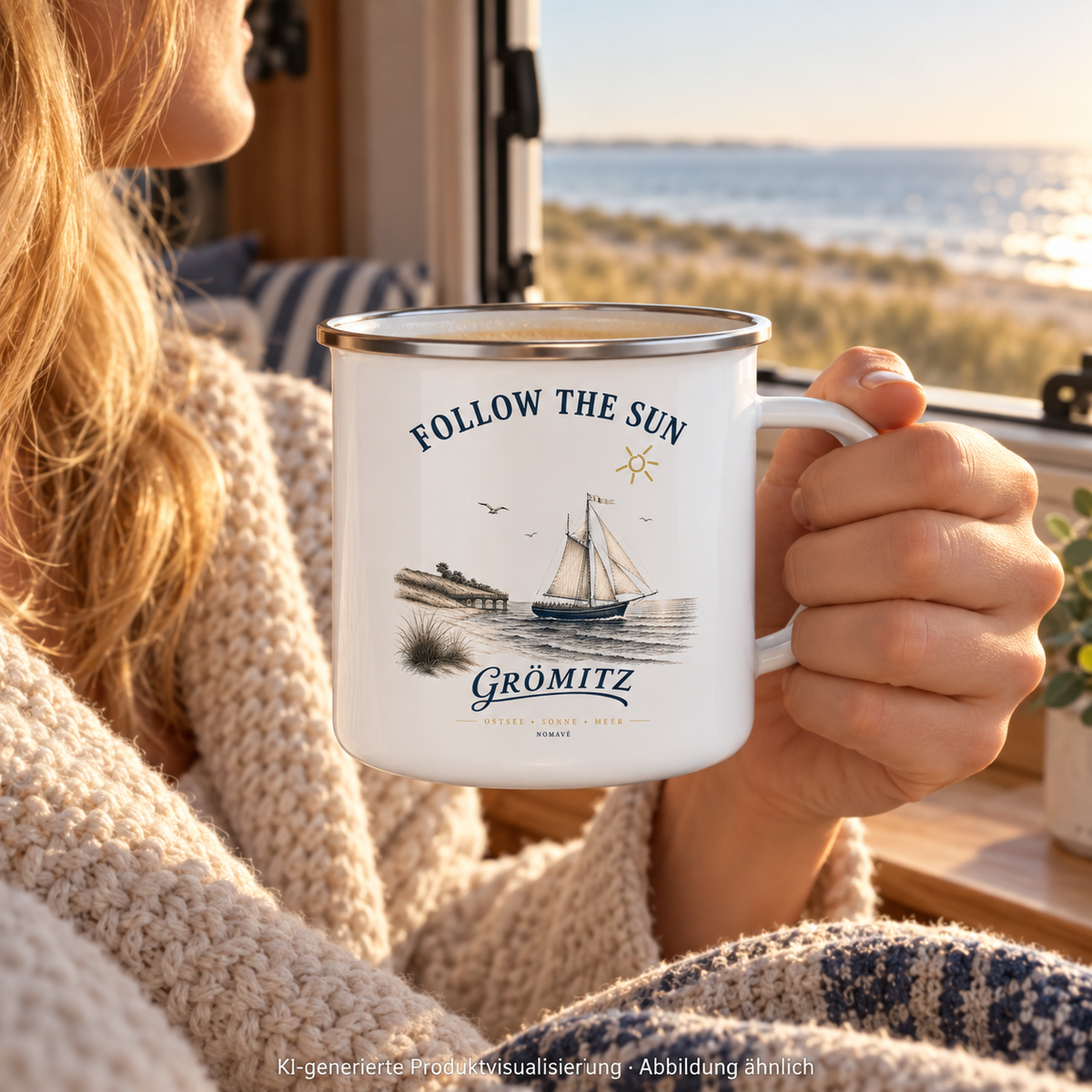 Grömitz Follow the Sun Emaille-Tasse 300 ml in White glossy / Silberrand – Emaille-Tasse am Camperfenster – KI-Produktvisualisierung