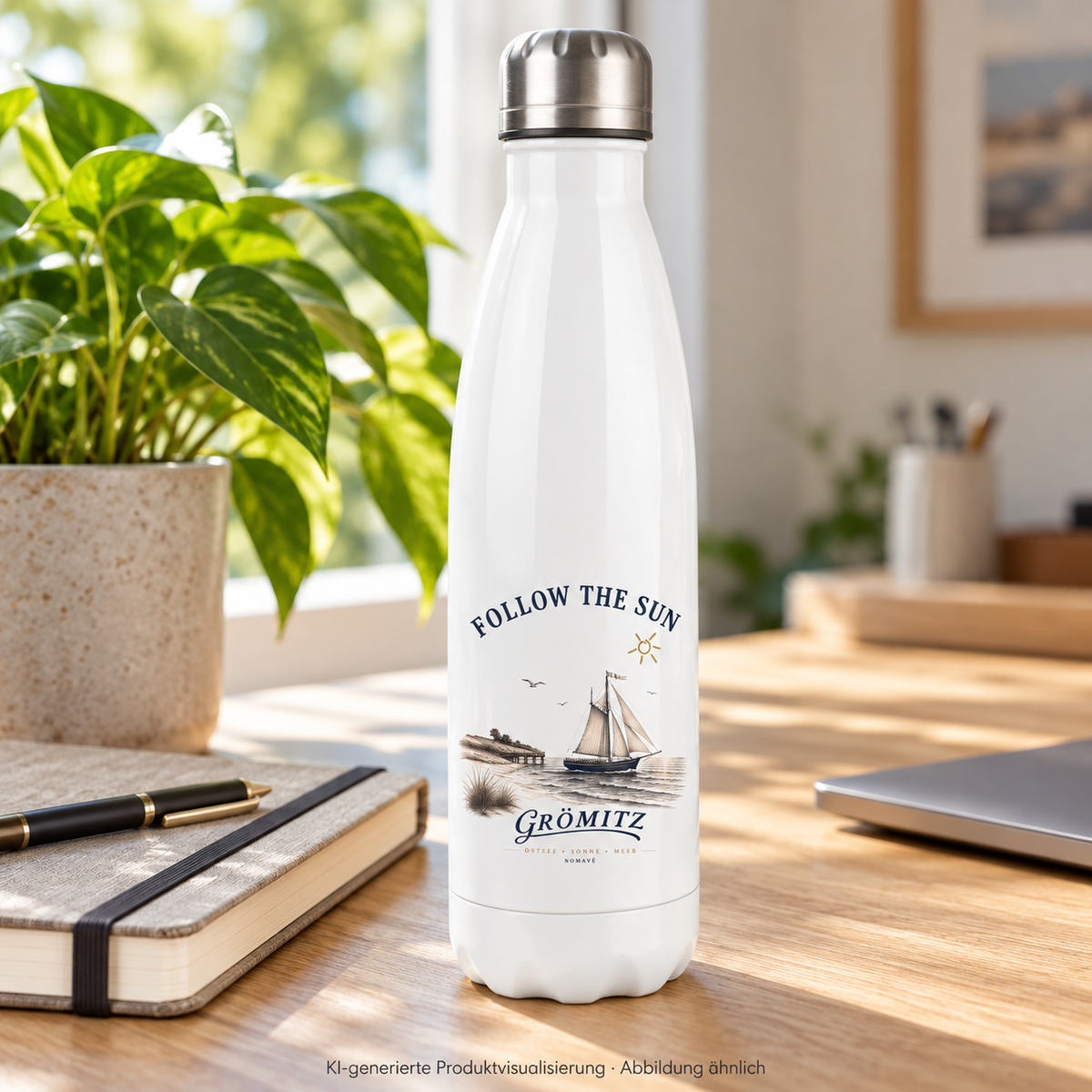 Grömitz Follow the Sun Edelstahl-Thermoflasche 500 ml in White / Silberdeckel – Thermoflasche auf Schreibtisch – KI-Produktvisualisierung