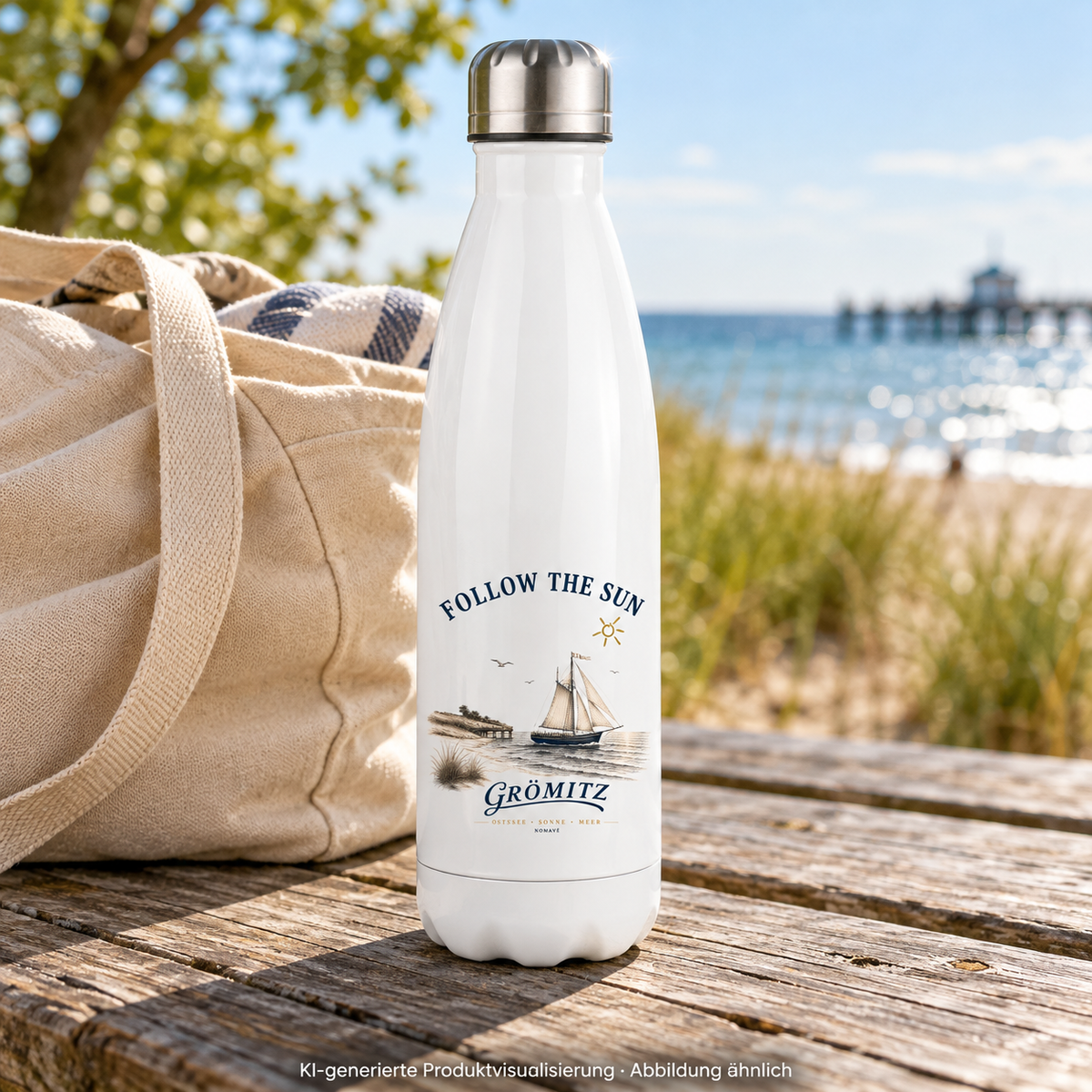 Grömitz Follow the Sun Edelstahl-Thermoflasche 500 ml in White / Silberdeckel – Thermoflasche beim Picknick an der Küste – KI-Produktvisualisierung