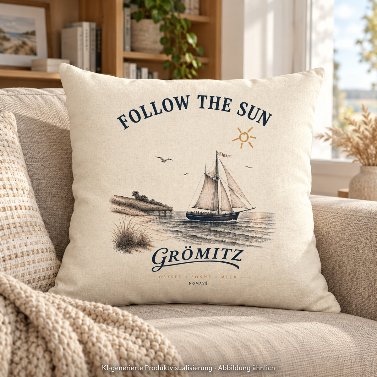 Grömitz Follow the Sun Kissen mit Füllung 40 × 40 cm in Natur – Naturfarbenes Kissen auf Sofa – KI-Produktvisualisierung