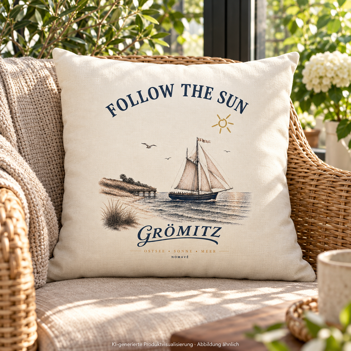 Grömitz Follow the Sun Kissen mit Füllung 40 × 40 cm in Natur – Kissen auf Korbsessel im Wintergarten – KI-Produktvisualisierung