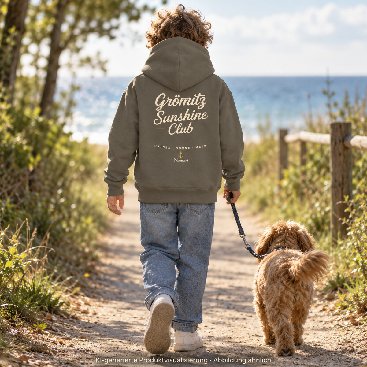 Junge mit Hund auf einem Küstenweg im Grömitz Sunshine Club Kinder Bio-Hoodie in Khaki, Rückendruck – KI-Produktvisualisierung