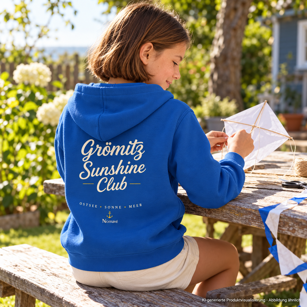 Mädchen beim Drachenbasteln im Garten im Grömitz Sunshine Club Kinder Bio-Hoodie in Royal Blue, Rückendruck – KI-Produktvisualisierung