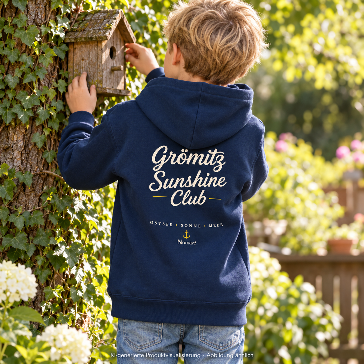 Junge am Vogelhaus im Grömitz Sunshine Club Kinder Bio-Hoodie in French Navy, Rückendruck – KI-Produktvisualisierung