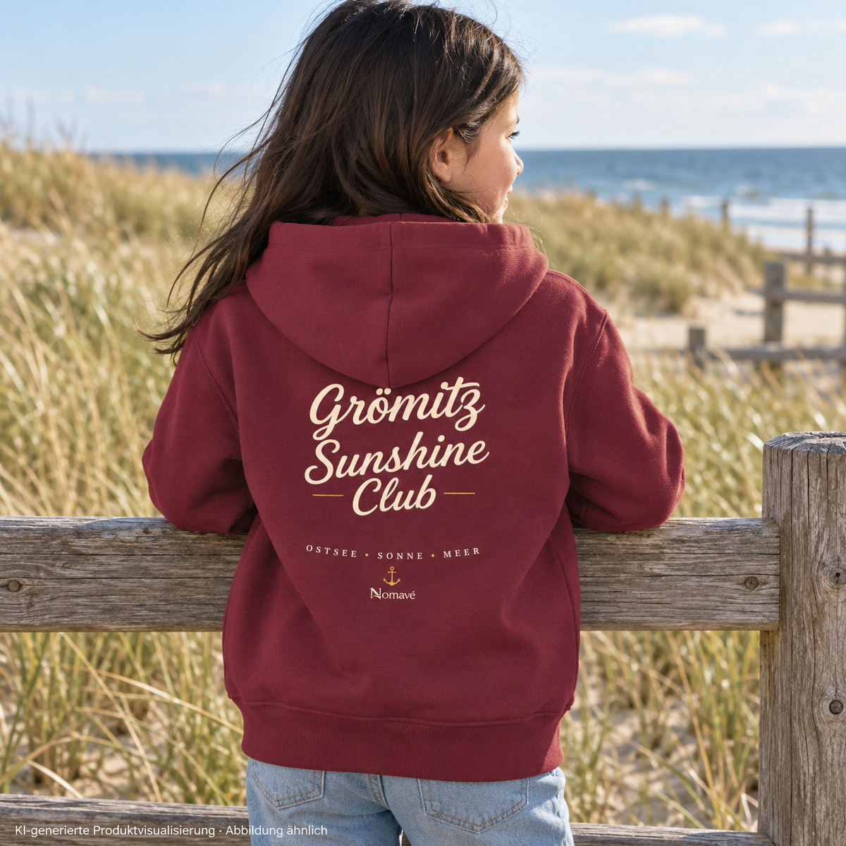 Mädchen am Dünenzaun im Grömitz Sunshine Club Kinder Bio-Hoodie in Burgundy, Rückendruck – KI-Produktvisualisierung